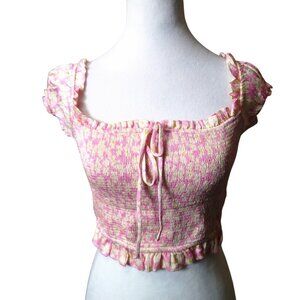 Zara Women's Medium Pink Yellow Floral Smocked Ruffle Cropped Off Shoulder Top